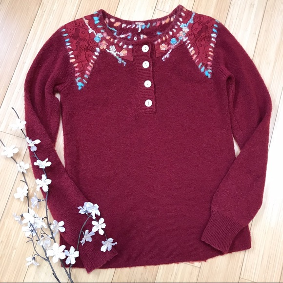 Free People Sweaters - FREE PEOPLE embroidered lace red sweater, L.